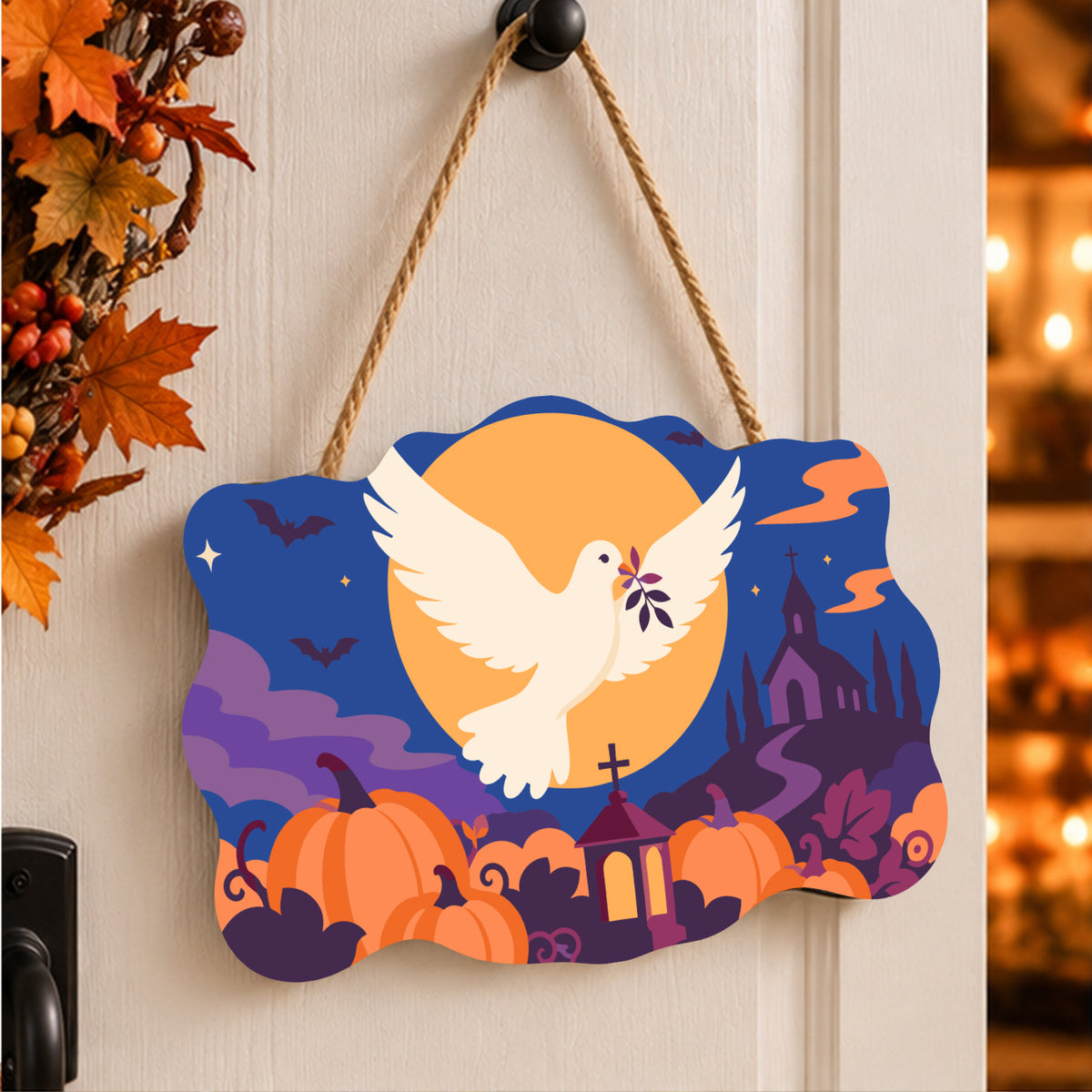 Pancarte Colombe sous la Lune peinte et accrochée à une porte d'entrée décorée pour Halloween — Maison Artsen