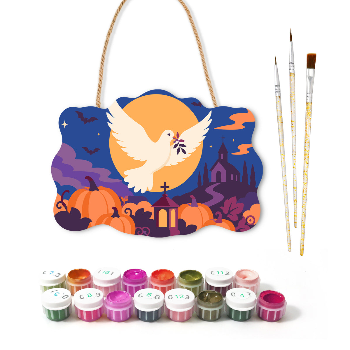 Pancarte à peindre Colombe sous la Lune avec ses peintures et ses pinceaux — Maison Artsen