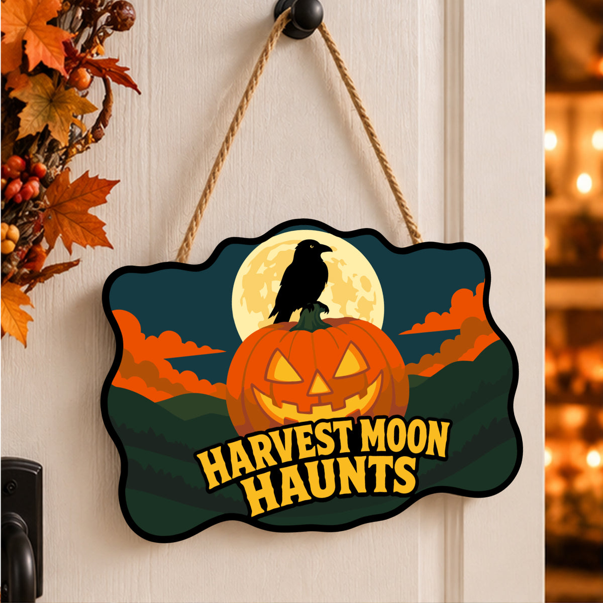 Pancarte Corbeau de la Moisson peinte et accrochée à une porte d'entrée décorée pour Halloween — Maison Artsen