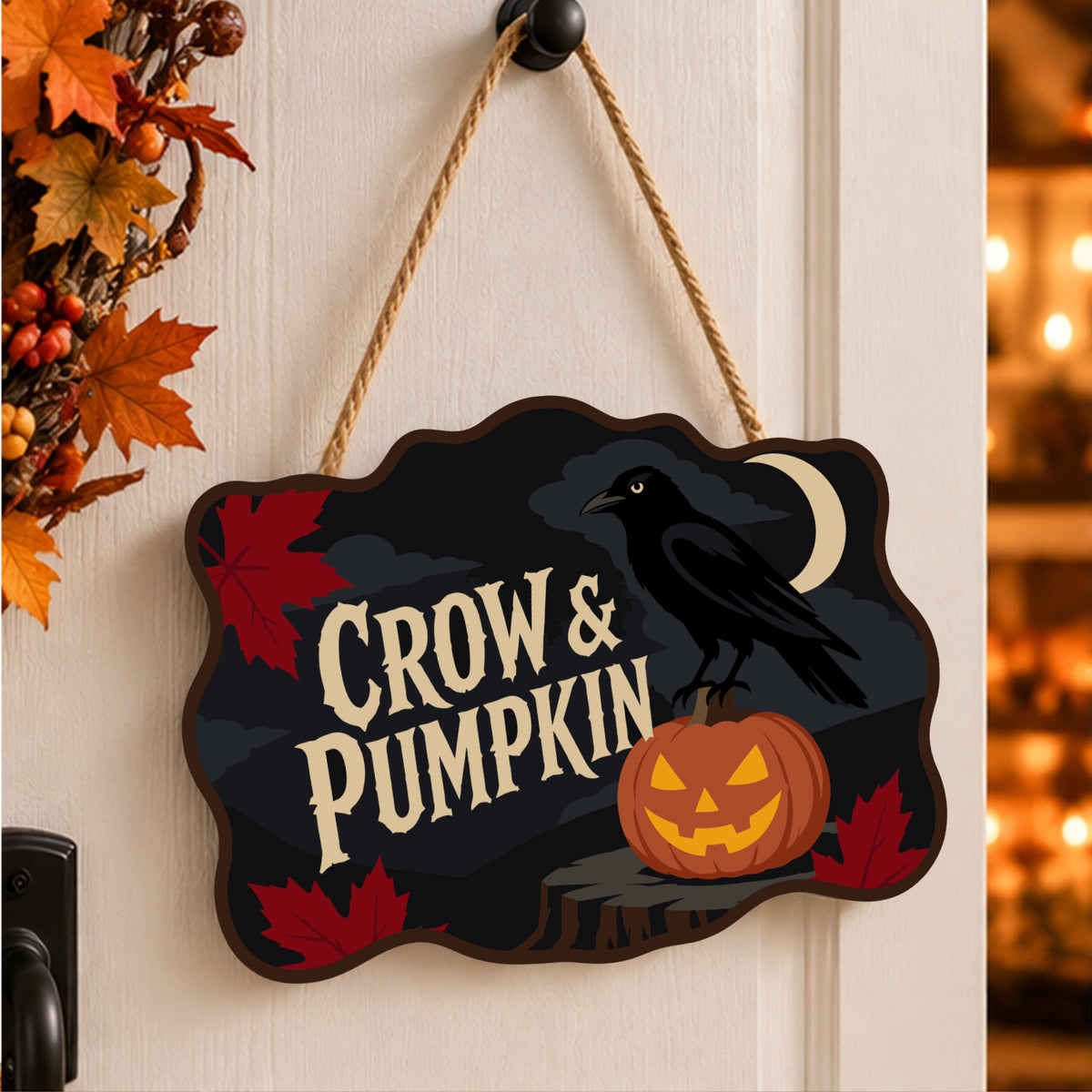 Pancarte Corbeau sur la Citrouille peinte et accrochée à une porte d'entrée décorée pour Halloween — Maison Artsen