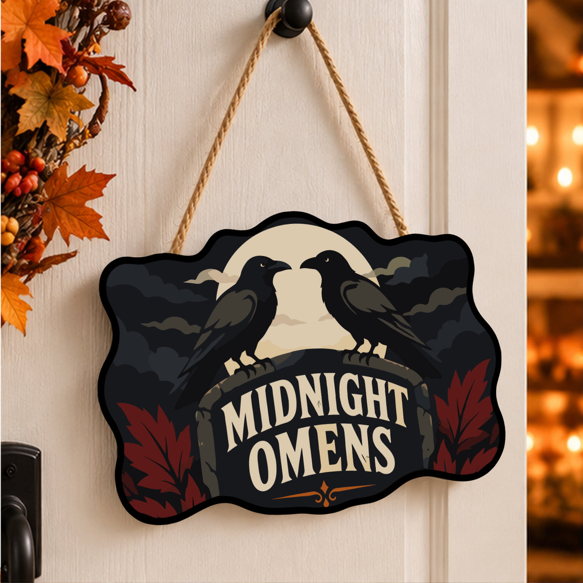 Pancarte Corbeaux aux Feuilles Rouges peinte et accrochée à une porte d'entrée décorée pour Halloween — Maison Artsen