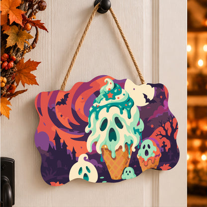 Pancarte Cornet Glacé Hanté peinte et accrochée à une porte d'entrée décorée pour Halloween — Maison Artsen