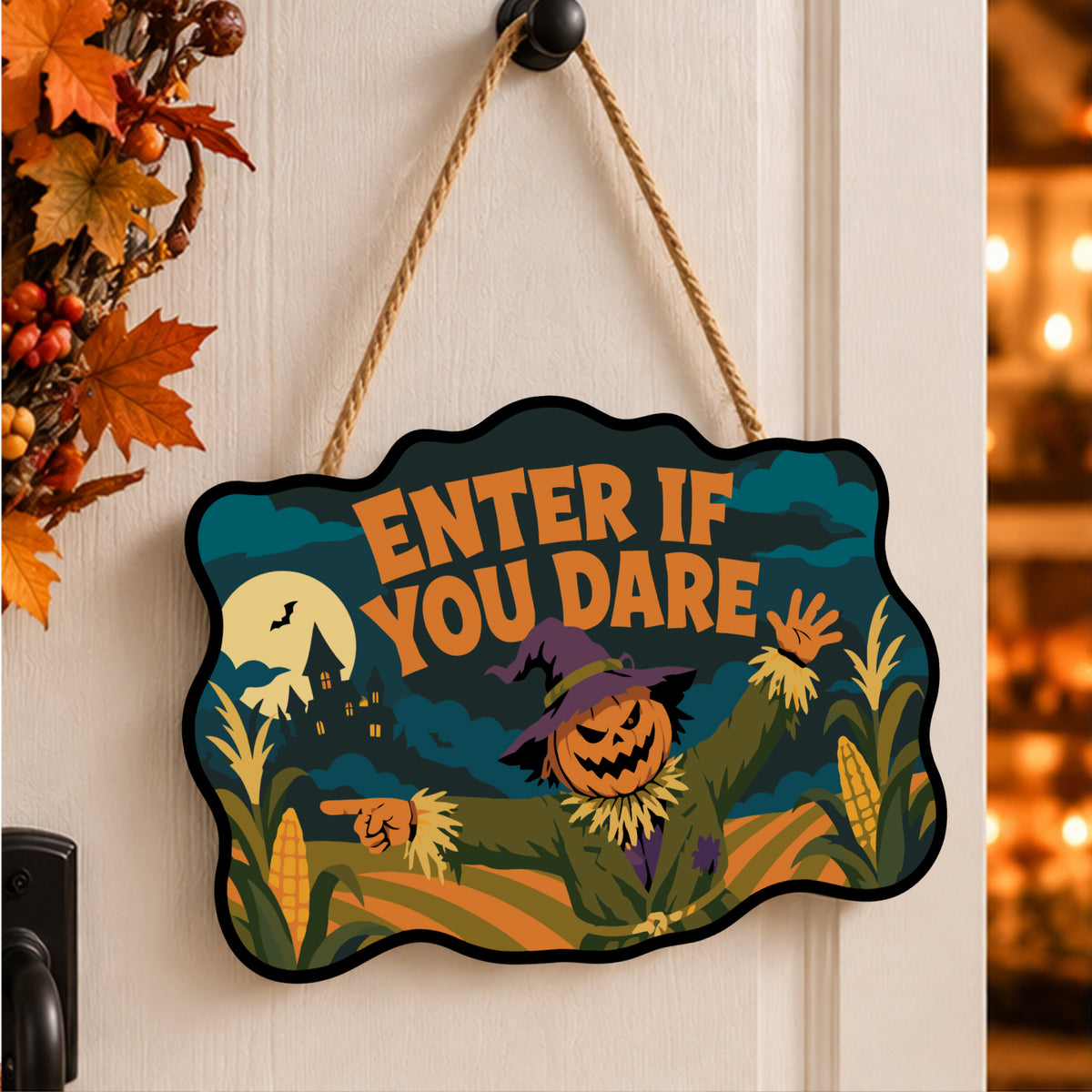 Pancarte Épouvantail dans le Maïs peinte et accrochée à une porte d'entrée décorée pour Halloween — Maison Artsen