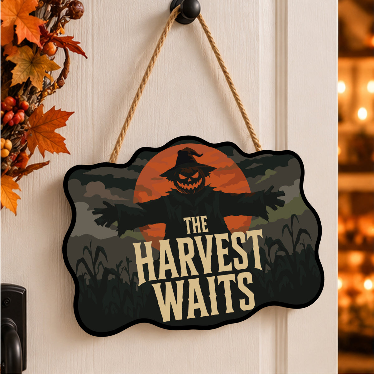 Pancarte Épouvantail et Lune Orange peinte et accrochée à une porte d'entrée décorée pour Halloween — Maison Artsen