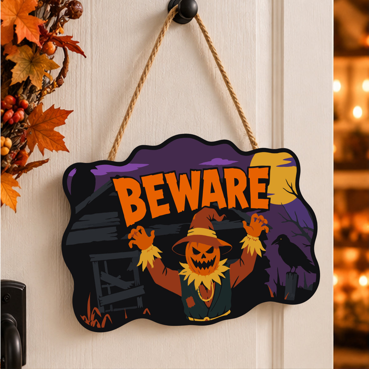 Pancarte Épouvantail Farceur et Corbeau peinte et accrochée à une porte d'entrée décorée pour Halloween — Maison Artsen