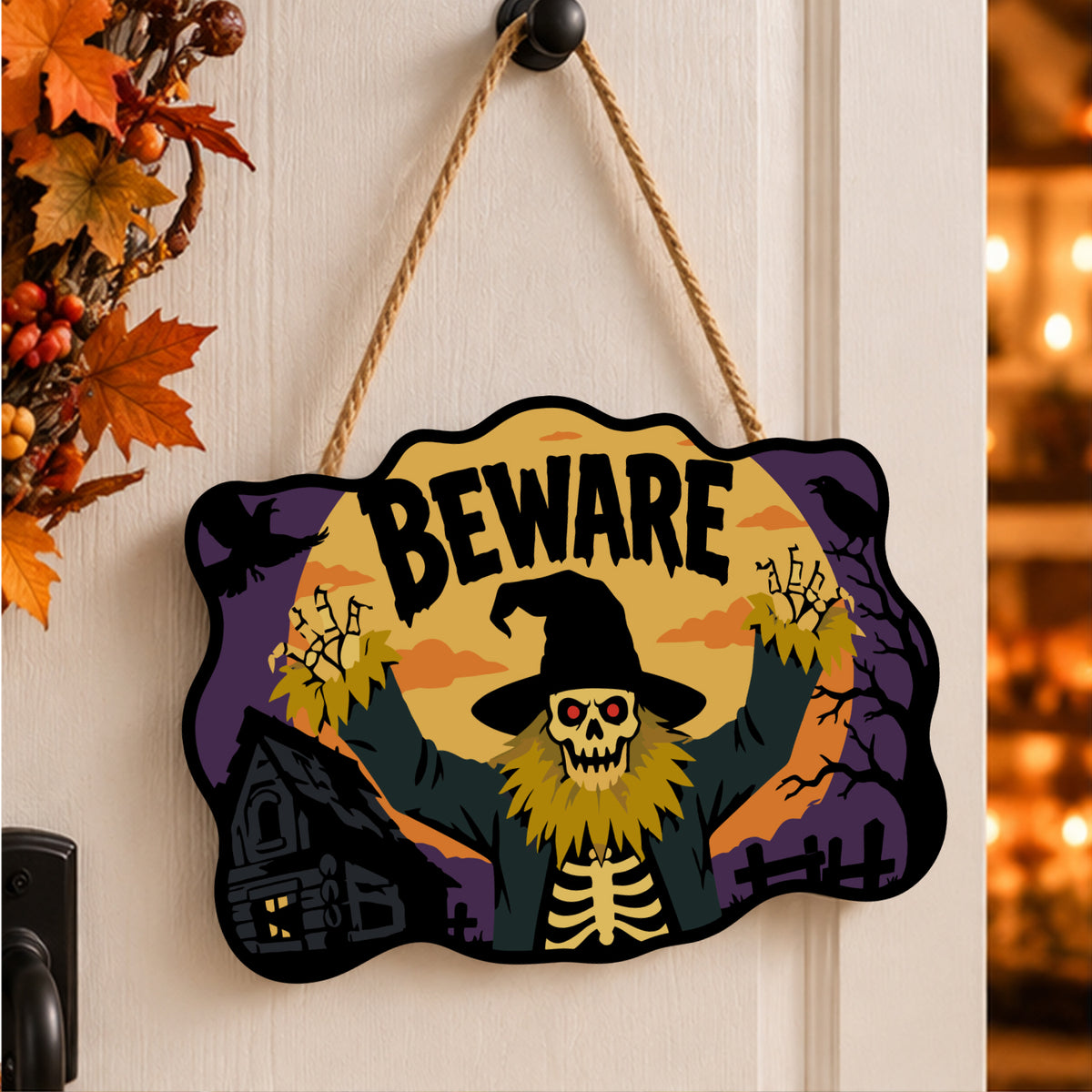Pancarte Épouvantail Squelette et Corbeaux peinte et accrochée à une porte d'entrée décorée pour Halloween — Maison Artsen