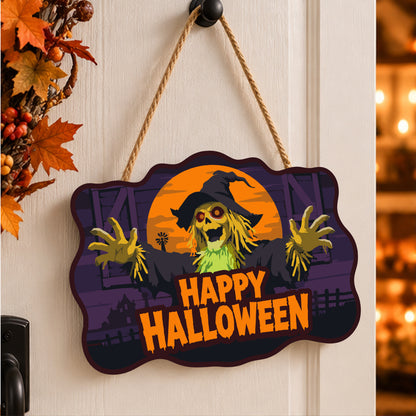 Pancarte Épouvantail Vert au Soleil peinte et accrochée à une porte d'entrée décorée pour Halloween — Maison Artsen