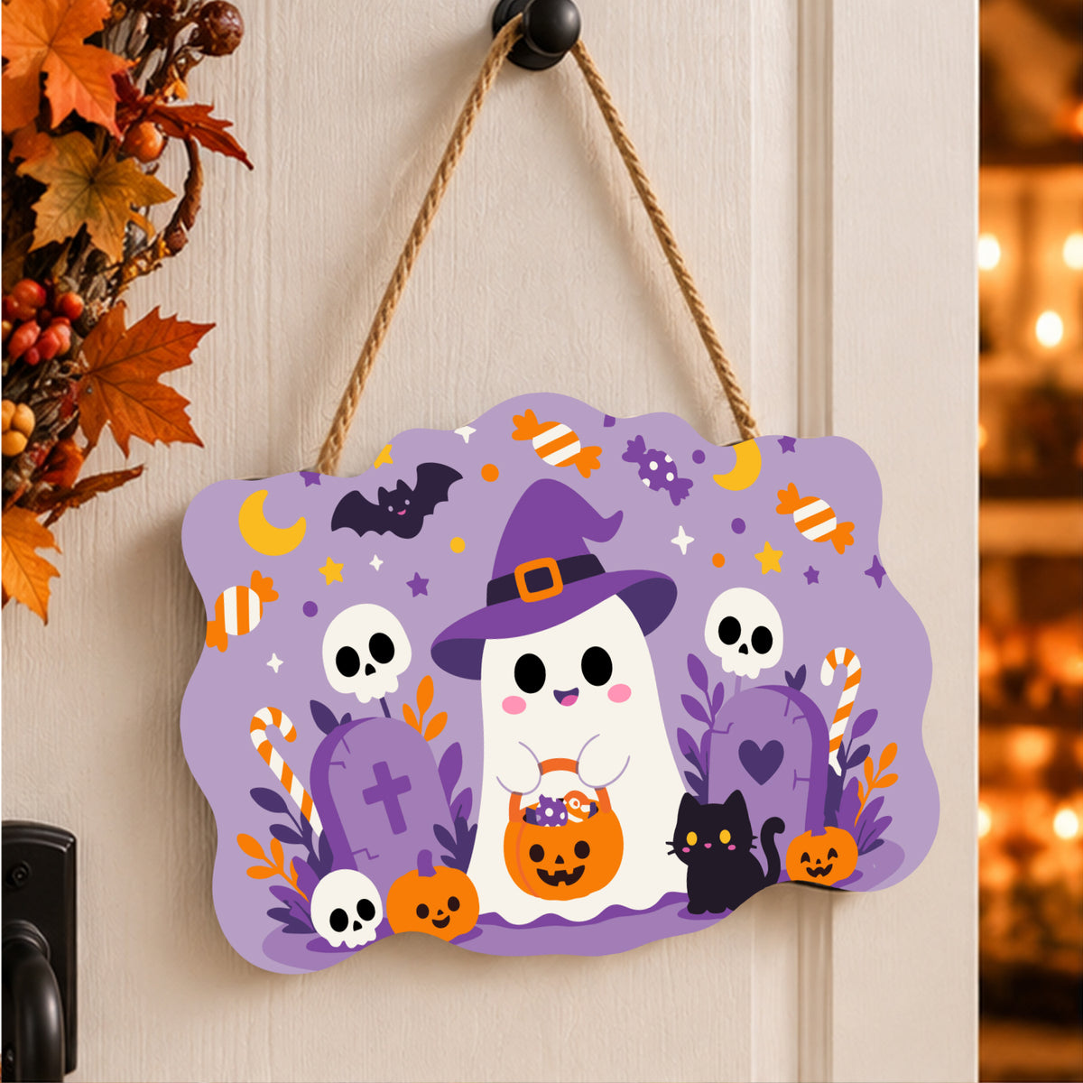 Pancarte Fantôme au Chapeau Violet peinte et accrochée à une porte d'entrée décorée pour Halloween — Maison Artsen