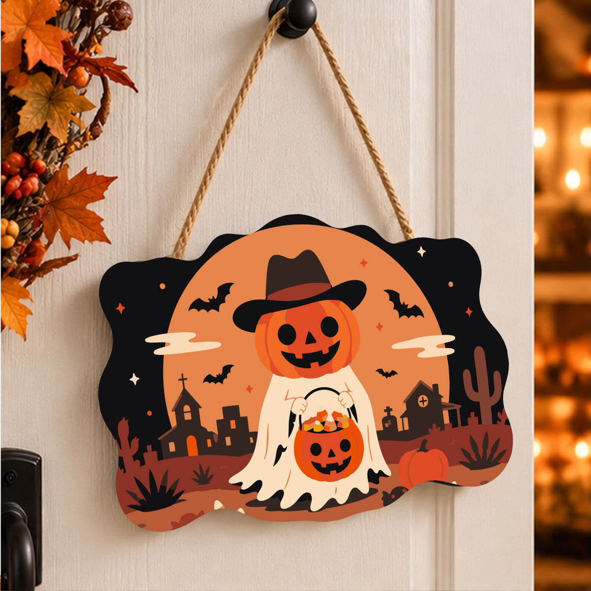 Pancarte Fantôme Cowboy au Désert peinte et accrochée à une porte d'entrée décorée pour Halloween — Maison Artsen