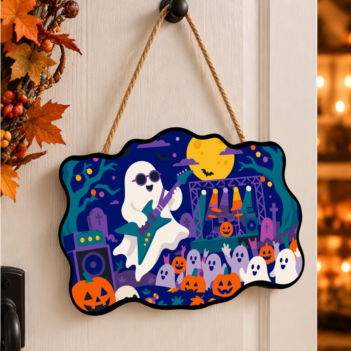 Pancarte Fantôme Guitariste en Concert peinte et accrochée à une porte d'entrée décorée pour Halloween — Maison Artsen