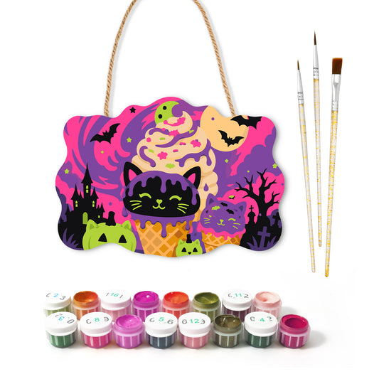 Pancarte à peindre Glace au Chat Kawaii avec ses peintures et ses pinceaux — Maison Artsen
