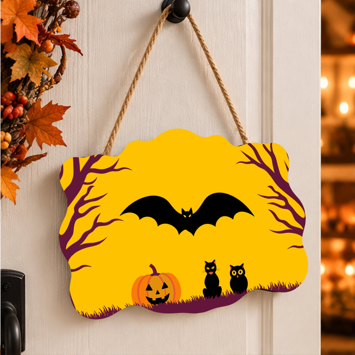 Pancarte Grande Chauve-souris et Hibou peinte et accrochée à une porte d'entrée décorée pour Halloween — Maison Artsen