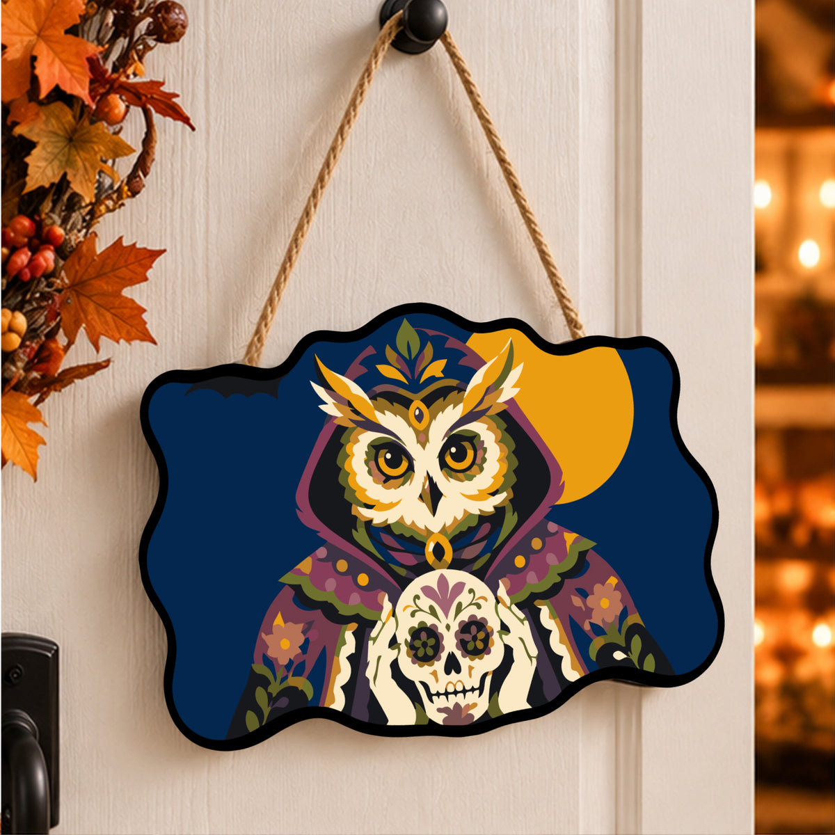 Pancarte Hibou au Crâne Fleuri peinte et accrochée à une porte d'entrée décorée pour Halloween — Maison Artsen