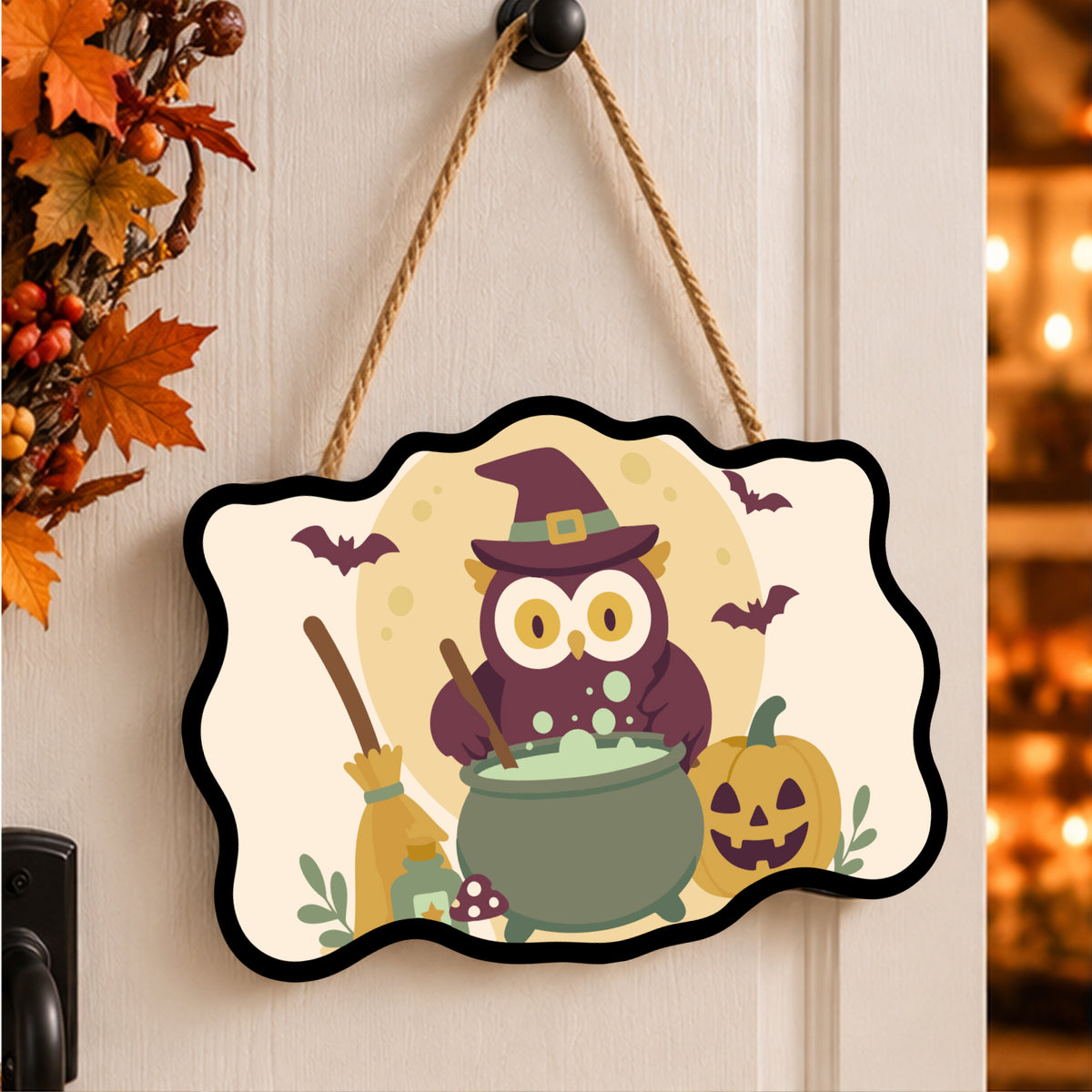 Pancarte Hibou Sorcier et Potion peinte et accrochée à une porte d'entrée décorée pour Halloween — Maison Artsen