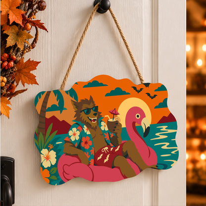 Pancarte Loup-Garou Tropical peinte et accrochée à une porte d'entrée décorée pour Halloween — Maison Artsen