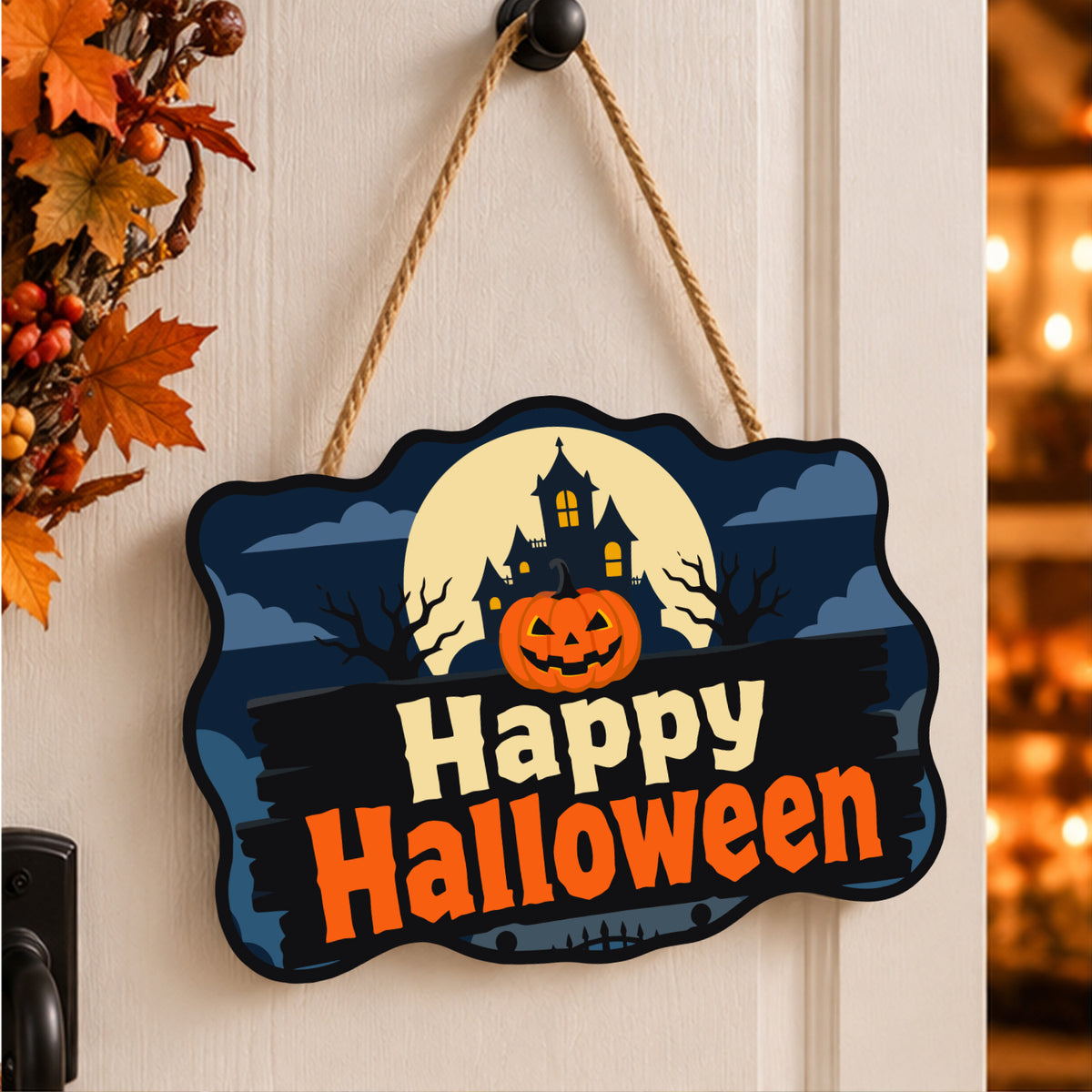 Pancarte Manoir Hanté et Citrouille peinte et accrochée à une porte d'entrée décorée pour Halloween — Maison Artsen