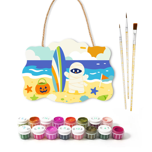 Pancarte à peindre Momie à la Plage avec ses peintures et ses pinceaux — Maison Artsen