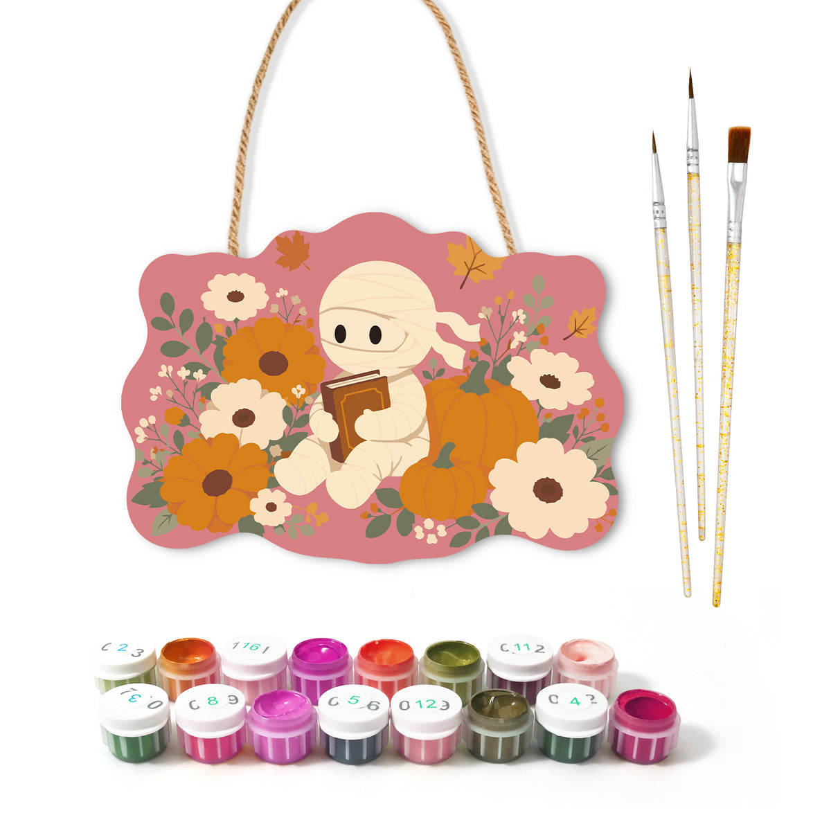 Pancarte à peindre Momie au Jardin Rose avec ses peintures et ses pinceaux — Maison Artsen