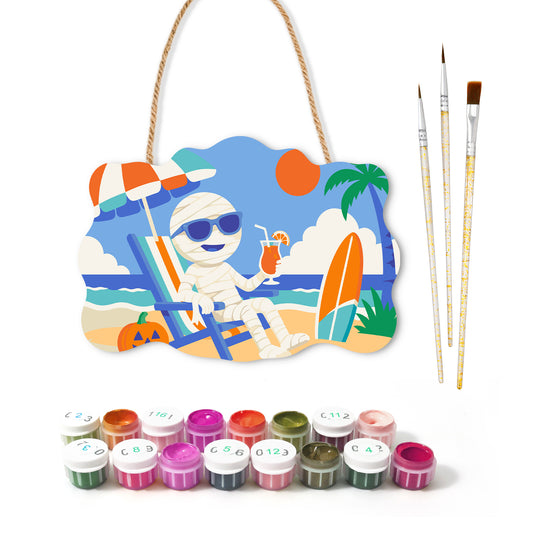 Pancarte à peindre Momie en Vacances avec ses peintures et ses pinceaux — Maison Artsen