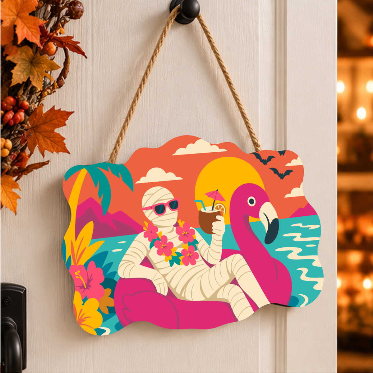 Pancarte Momie sur la Plage peinte et accrochée à une porte d'entrée décorée pour Halloween — Maison Artsen
