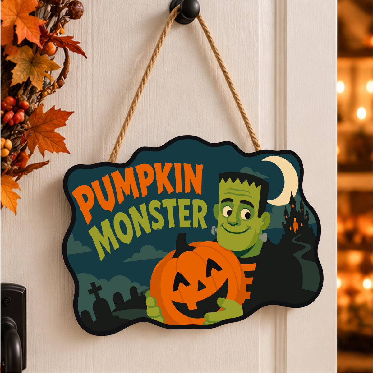Pancarte Monstre à la Citrouille peinte et accrochée à une porte d'entrée décorée pour Halloween — Maison Artsen