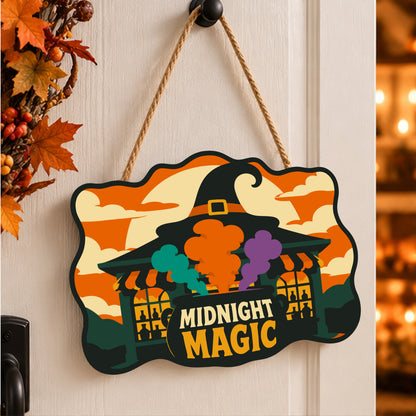 Pancarte Pavillon aux Fumées Magiques peinte et accrochée à une porte d'entrée décorée pour Halloween — Maison Artsen
