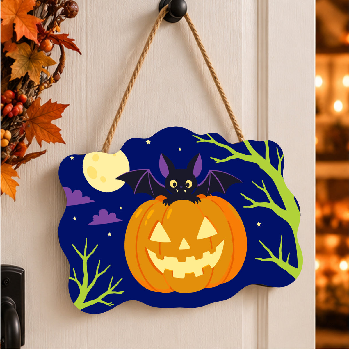 Pancarte Petite Chauve-souris Perchée peinte et accrochée à une porte d'entrée décorée pour Halloween — Maison Artsen