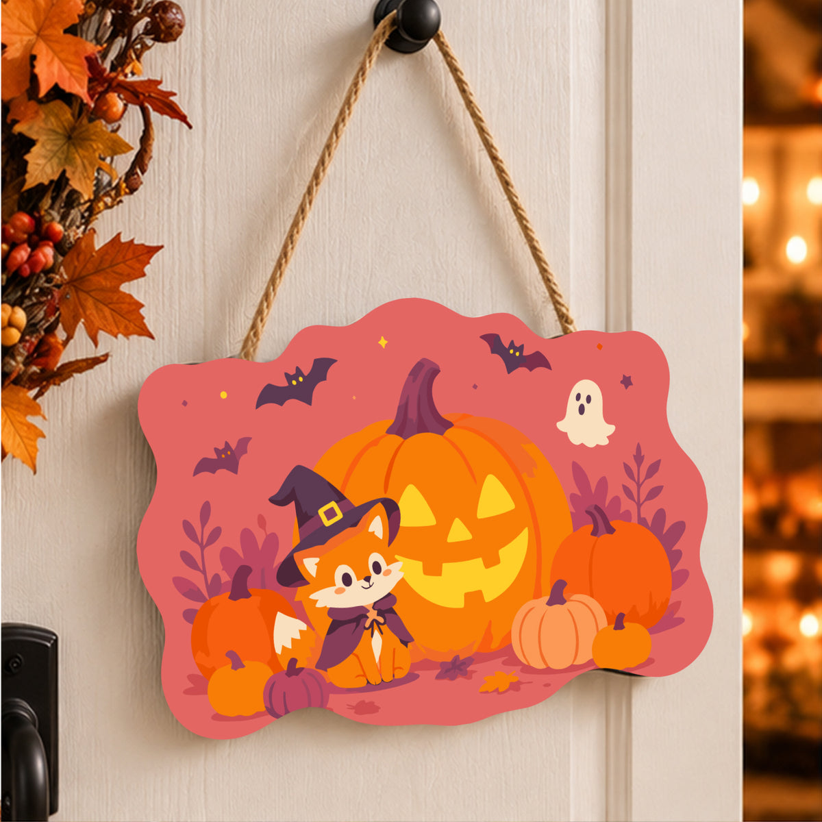 Pancarte Renard Sorcier et Citrouille peinte et accrochée à une porte d'entrée décorée pour Halloween — Maison Artsen