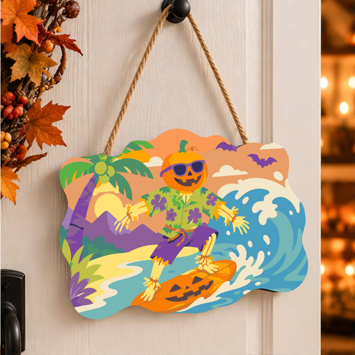 Pancarte Squelette Citrouille Surfeur peinte et accrochée à une porte d'entrée décorée pour Halloween — Maison Artsen