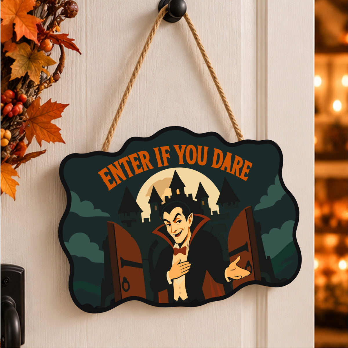 Pancarte Vampire au Portail peinte et accrochée à une porte d'entrée décorée pour Halloween — Maison Artsen