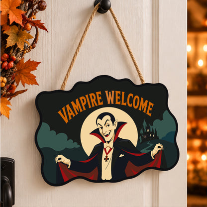 Pancarte Vampire en Cape Rouge peinte et accrochée à une porte d'entrée décorée pour Halloween — Maison Artsen