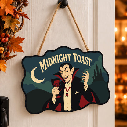Pancarte Vampire Lève son Verre peinte et accrochée à une porte d'entrée décorée pour Halloween — Maison Artsen