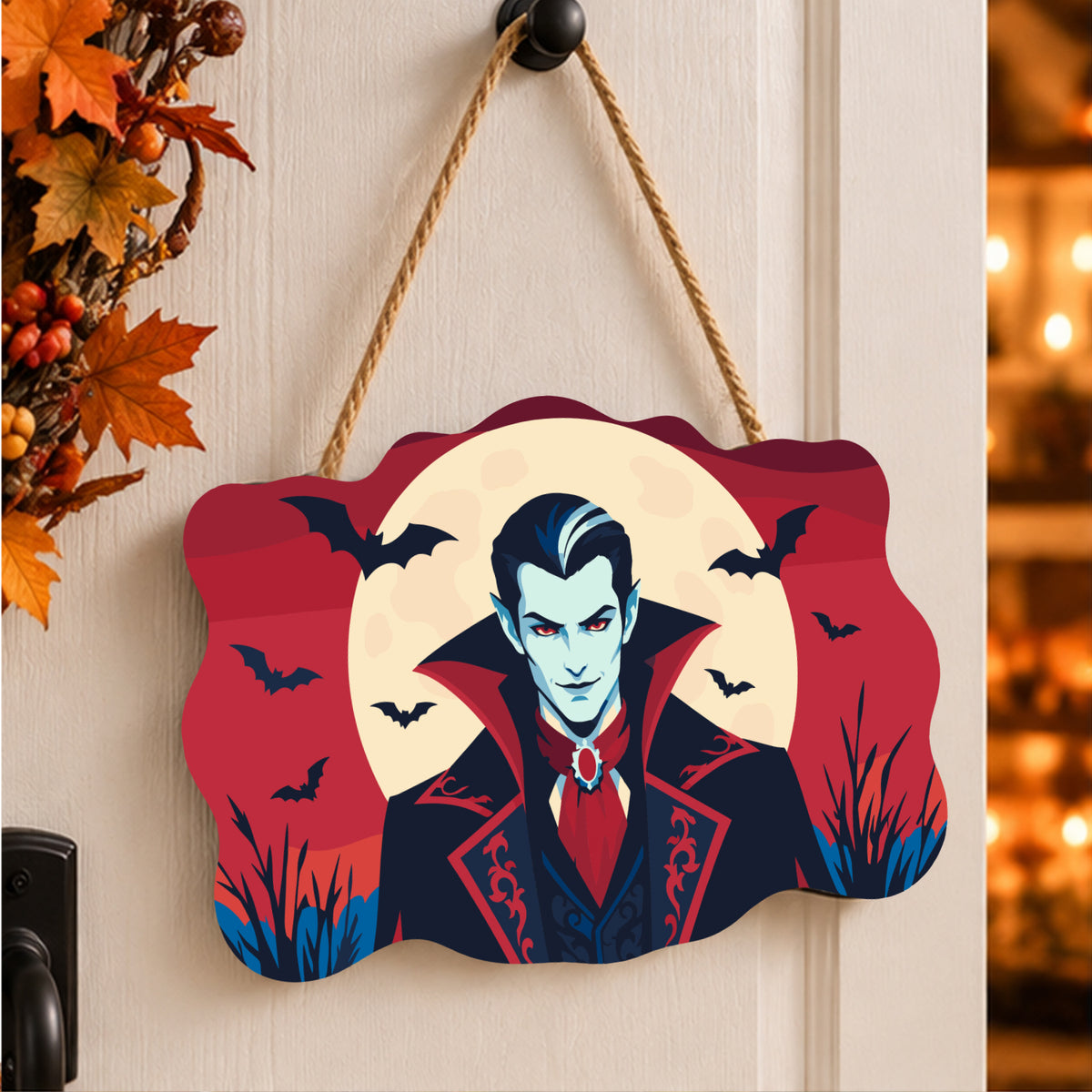 Pancarte Vampire sous la Lune peinte et accrochée à une porte d'entrée décorée pour Halloween — Maison Artsen