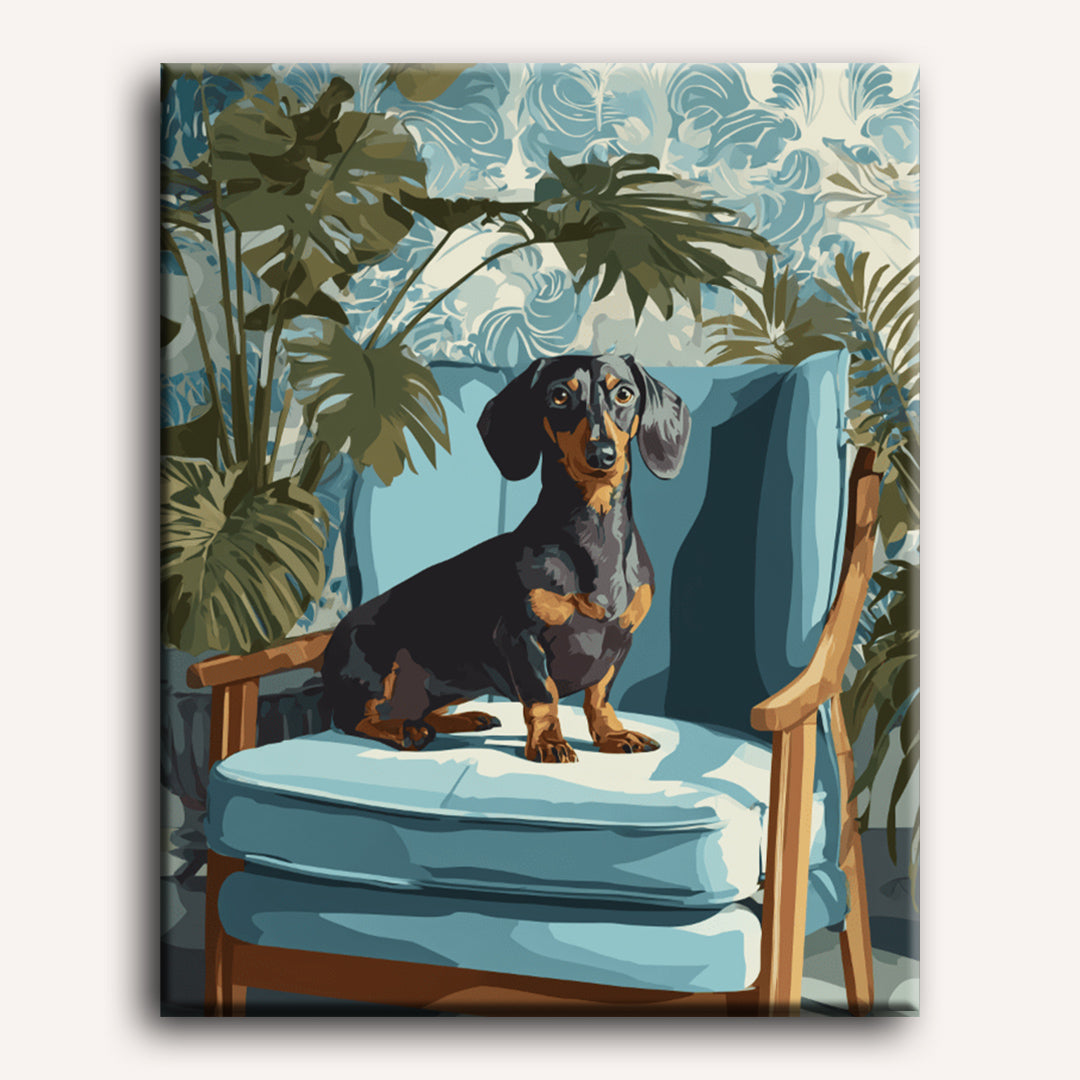 Peinture par numéro adulte Dachshund Poseur, visuel complet du design sur toile — Maison Artsen