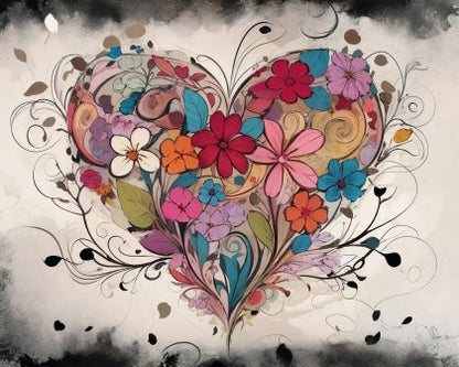 Cœur Floral Abstrait - Tableau peinture par numéro