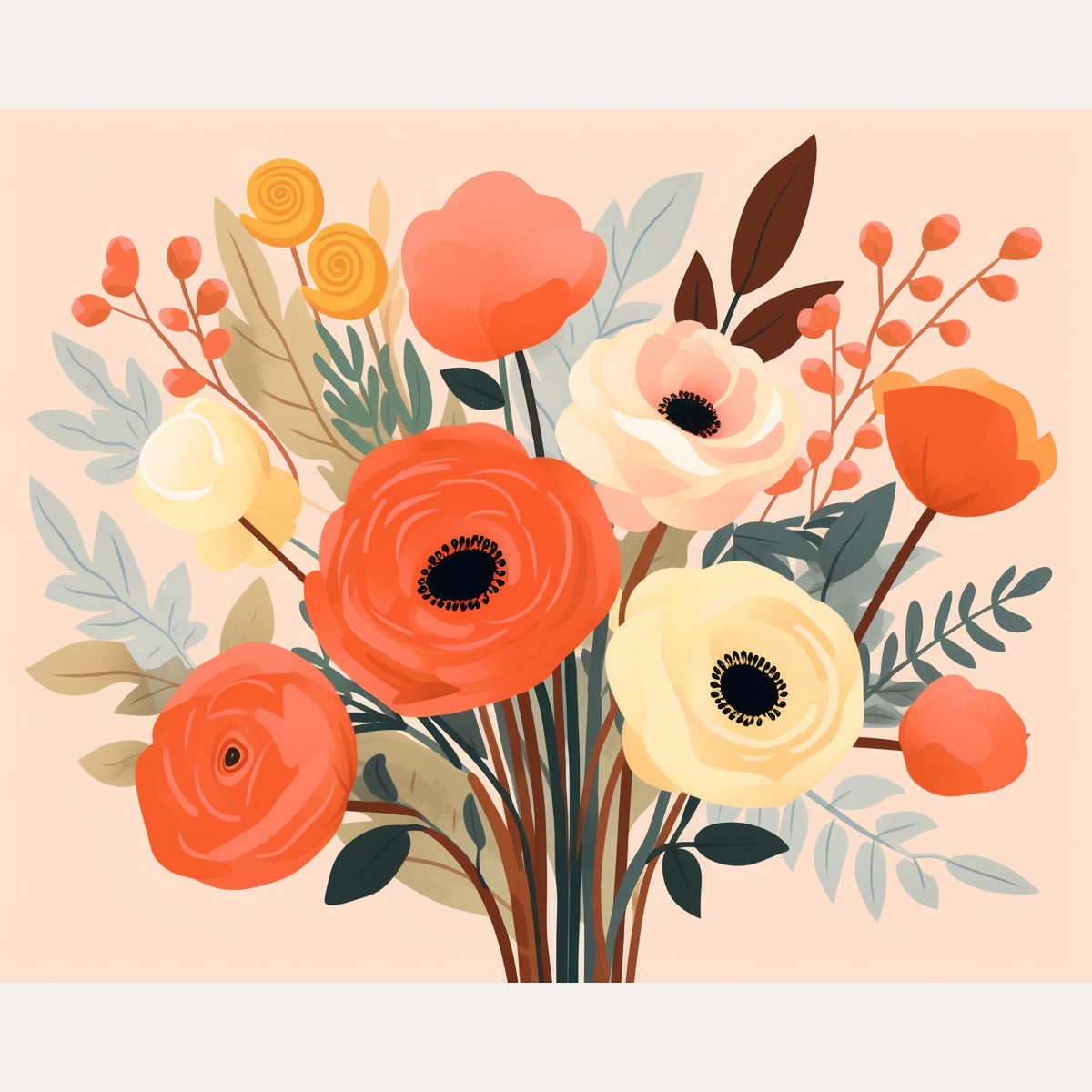 Peinture par numéro adulte Anémones Corail, visuel complet du design sur toile — Maison Artsen