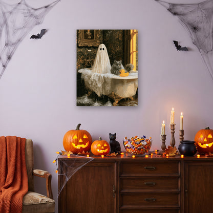 Tableau peinture par numéro Bain Moussant du Fantôme accroché dans un salon décoré pour Halloween — Maison Artsen