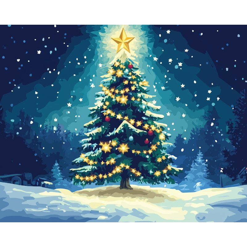 Peinture par numéro adulte Sapin de Noël Majestueux, visuel complet du design sur toile — Maison Artsen