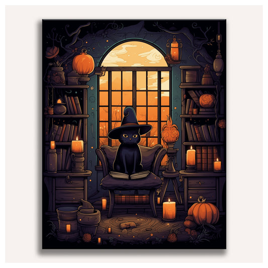 The Black Cat's Library paint by numbers for adults, Maison Artsen