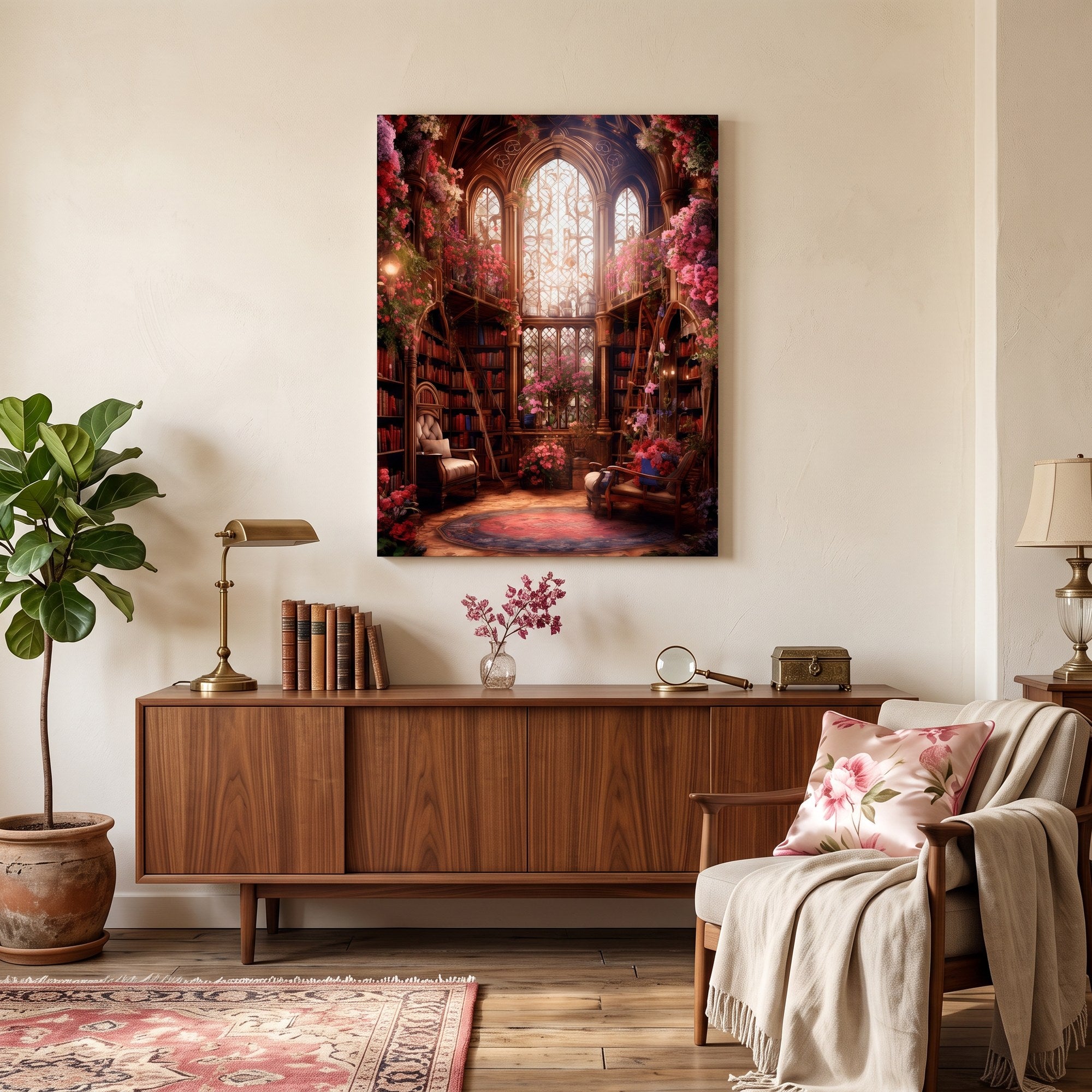 Tableau peinture par numéro Bibliothèque florale enchantée accroché dans un intérieur décoré — Maison Artsen