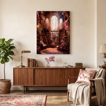 Tableau peinture par numéro Bibliothèque florale enchantée accroché dans un intérieur décoré — Maison Artsen