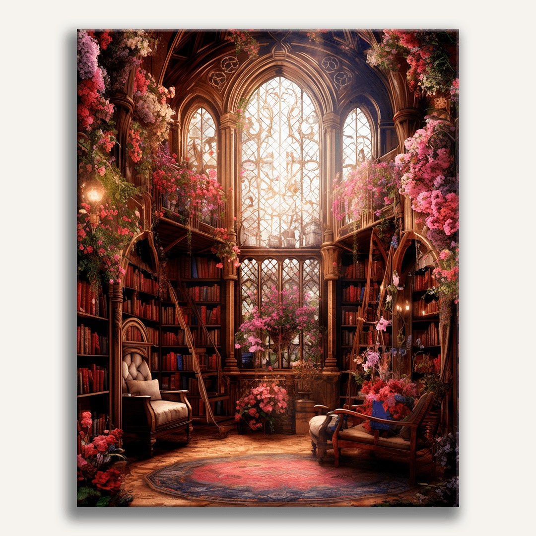 Peinture par numéro adulte Bibliothèque florale enchantée, visuel complet du design sur toile — Maison Artsen