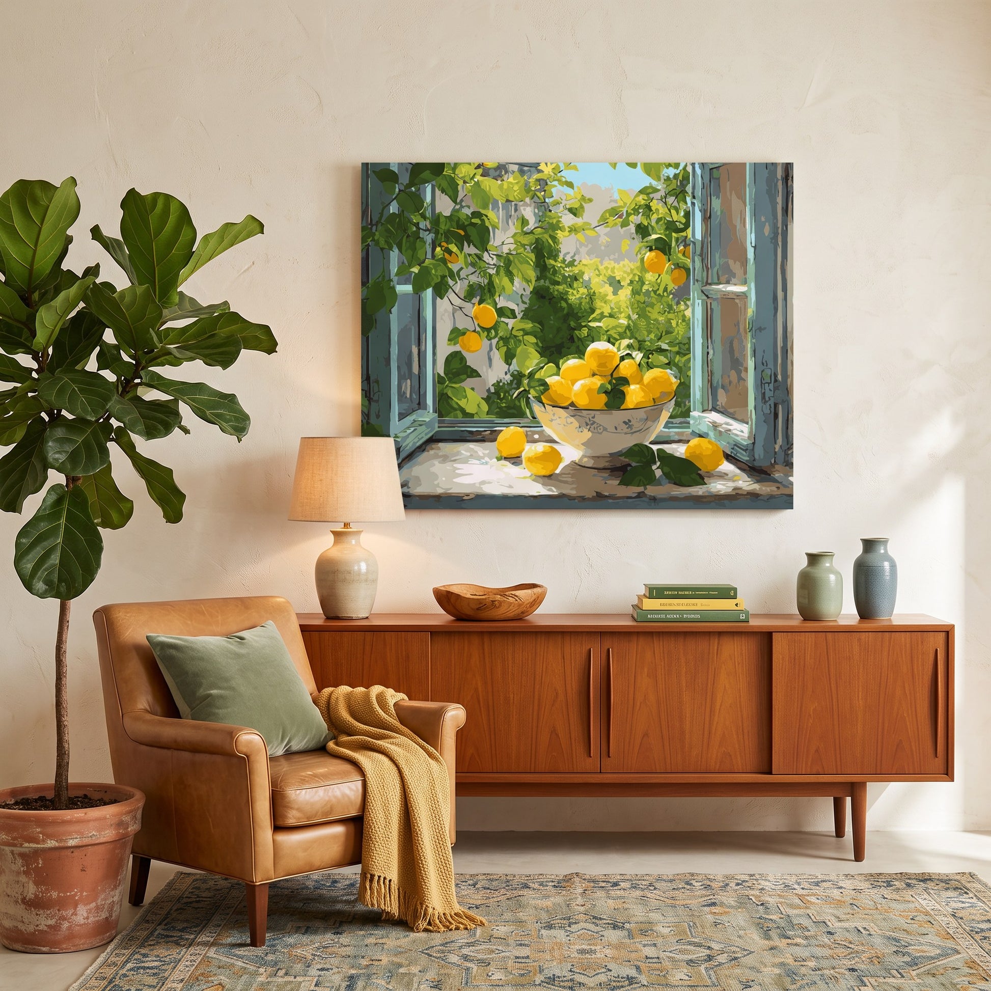 Tableau peinture par numéro Bol de citrons à la fenêtre accroché dans un intérieur décoré — Maison Artsen