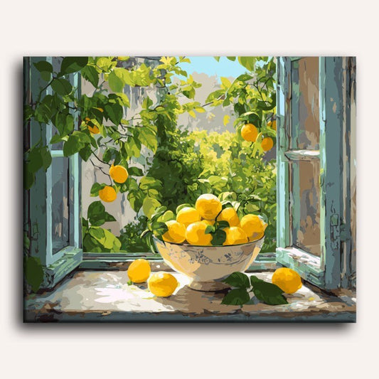 Peinture par numéro adulte Bol de citrons à la fenêtre, toile tendue 30×40 cm — Maison Artsen