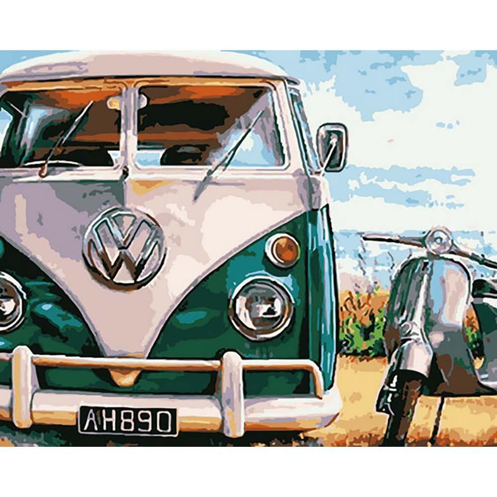 Peinture par numéro adulte Bus et Vespa, visuel complet du design sur toile — Maison Artsen
