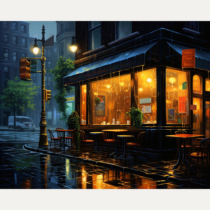 Peinture par numéro adulte Café sous la Pluie, visuel complet du design sur toile — Maison Artsen