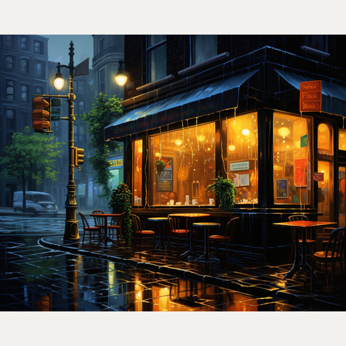 Peinture par numéro adulte Café sous la Pluie, visuel complet du design sur toile — Maison Artsen