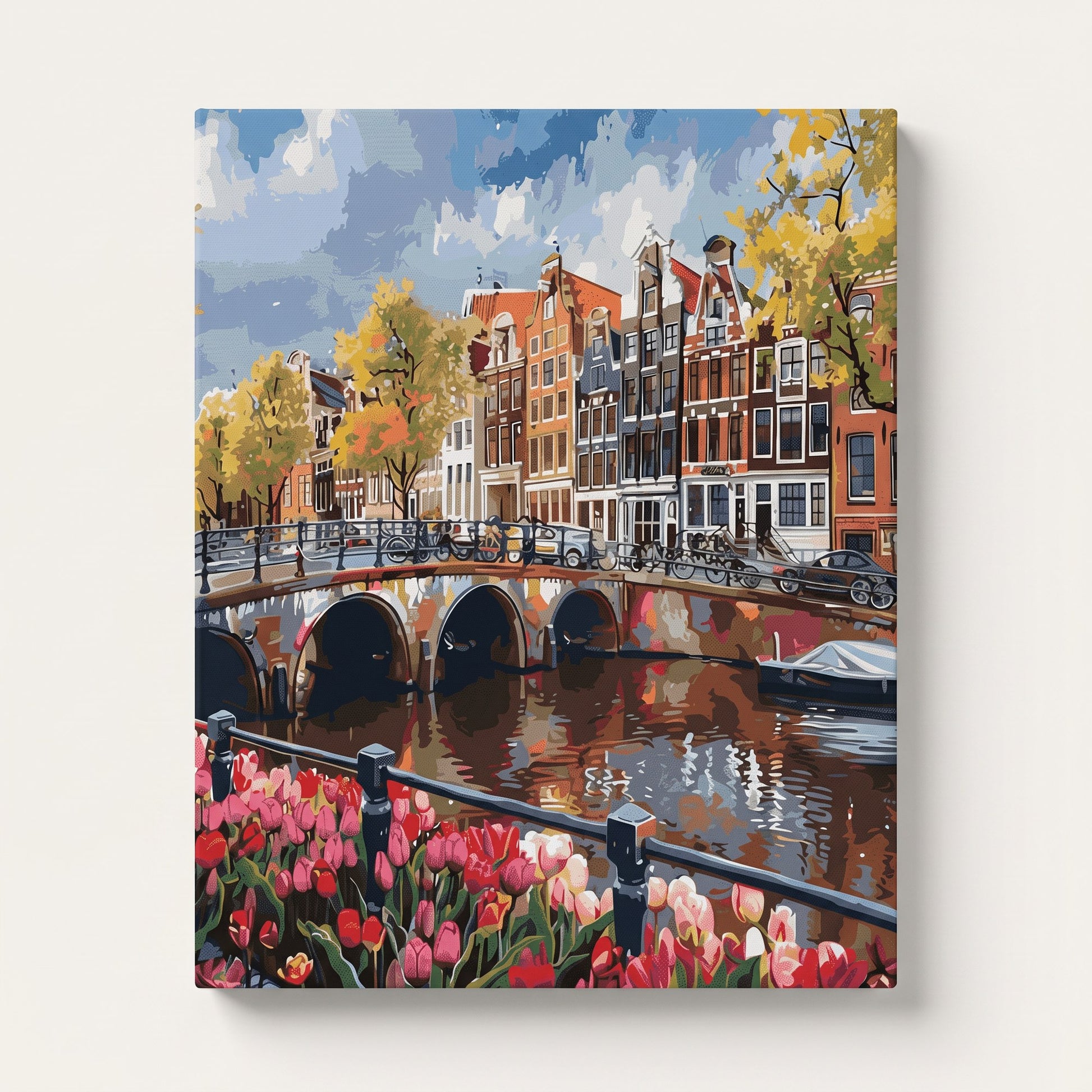 Peinture par numéro adulte Canal d'Amsterdam aux Tulipes, visuel complet du design sur toile — Maison Artsen