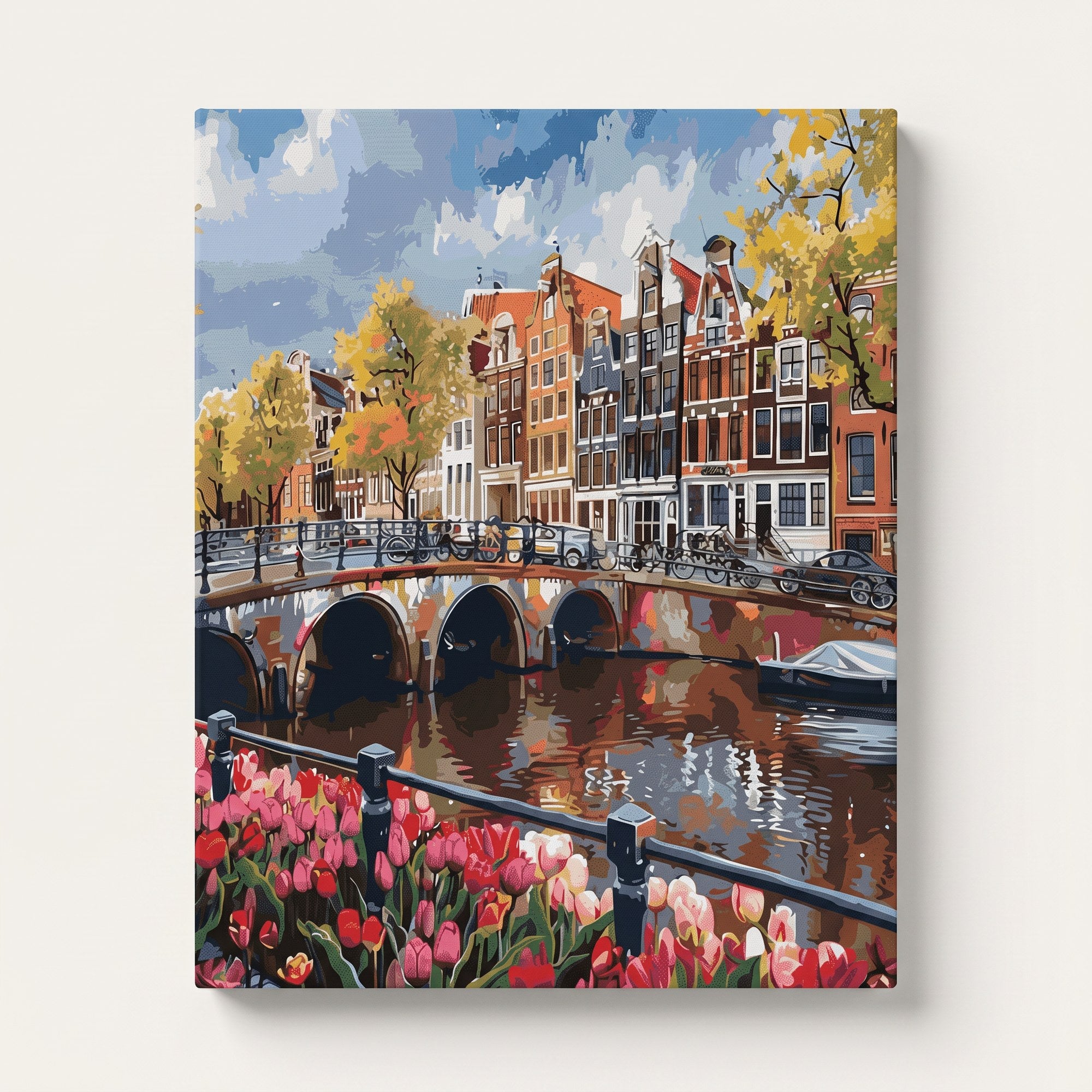Peinture par numéro adulte Canal d'Amsterdam aux Tulipes, visuel complet du design sur toile — Maison Artsen