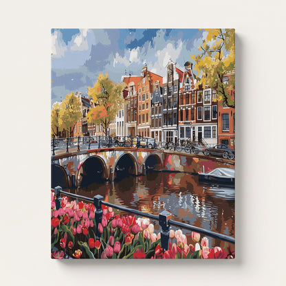 Peinture par numéro adulte Canal d'Amsterdam aux Tulipes, visuel complet du design sur toile — Maison Artsen
